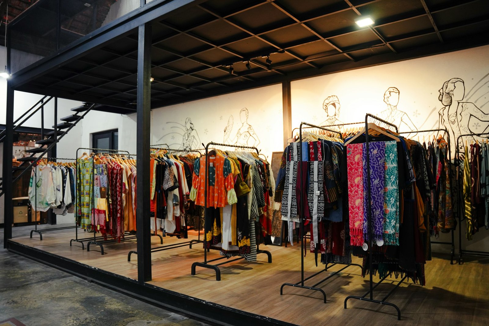 Loja de roupas com araras e vitrines